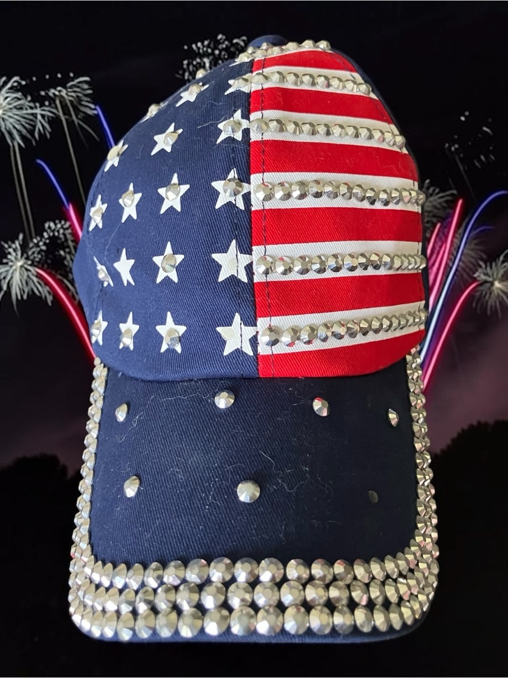 Embellished NWOT Rhinestone American Flag Baseball Cap - Navy & Red